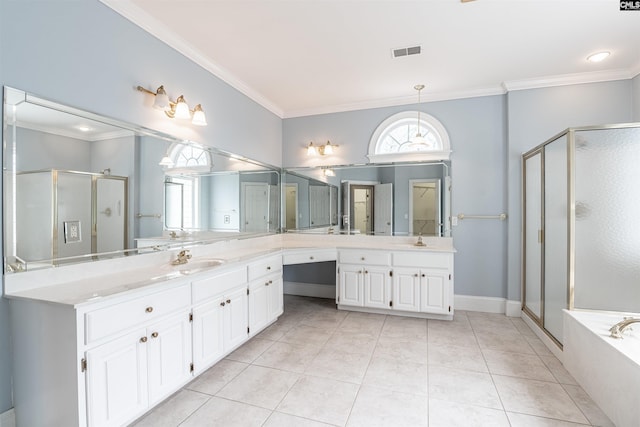 bathroom with shower with separate bathtub, vanity with extensive cabinet space, dual sinks, and tile floors