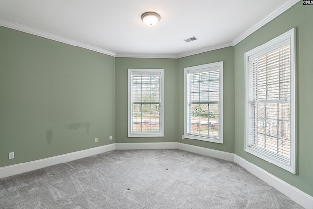 spare room with crown molding and light colored carpet