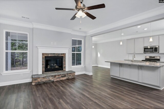 unfurnished living room featuring a sink, dark wood-type flooring, a stone fireplace, and ornamental molding