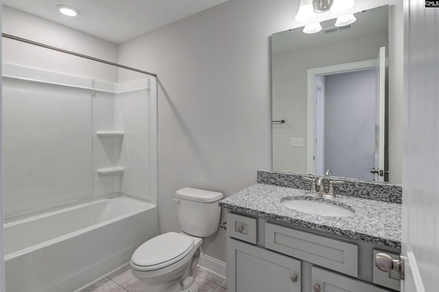 bathroom with tile patterned flooring, visible vents, toilet, shower / bath combination, and vanity