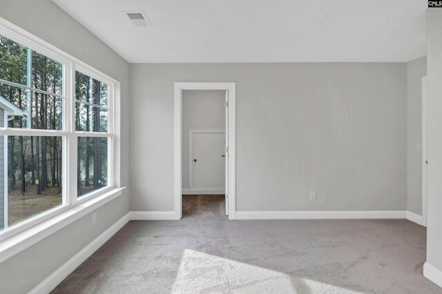 spare room with carpet flooring, plenty of natural light, baseboards, and visible vents