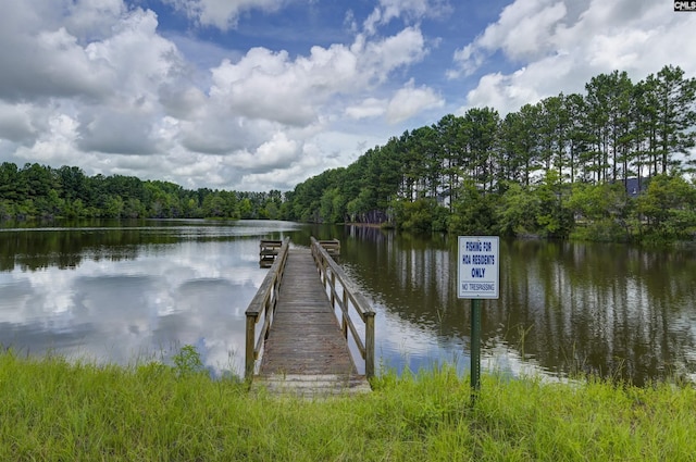 dock area with a water view and a wooded view