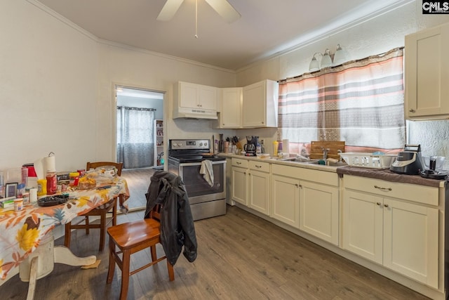 kitchen featuring dark wood-type flooring, ceiling fan, sink, ornamental molding, and stainless steel range with electric stovetop