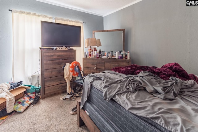 bedroom with light carpet and ornamental molding