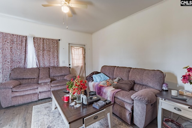 living room with dark hardwood / wood-style flooring, ceiling fan, and crown molding