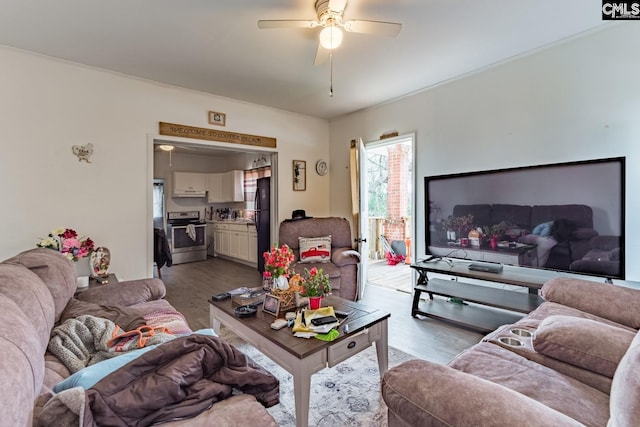 living room featuring wood-type flooring and ceiling fan