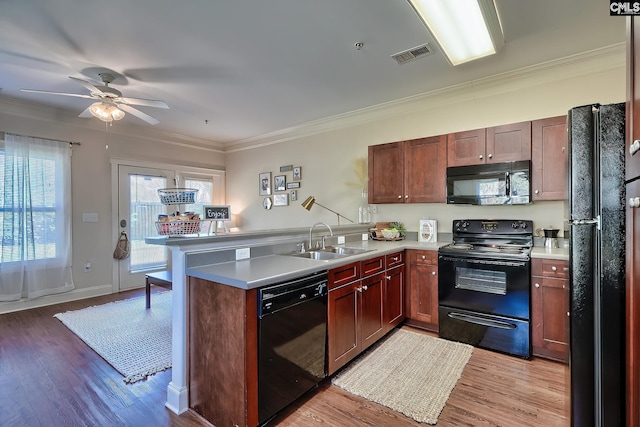 kitchen with light hardwood / wood-style floors, ceiling fan, black appliances, and sink