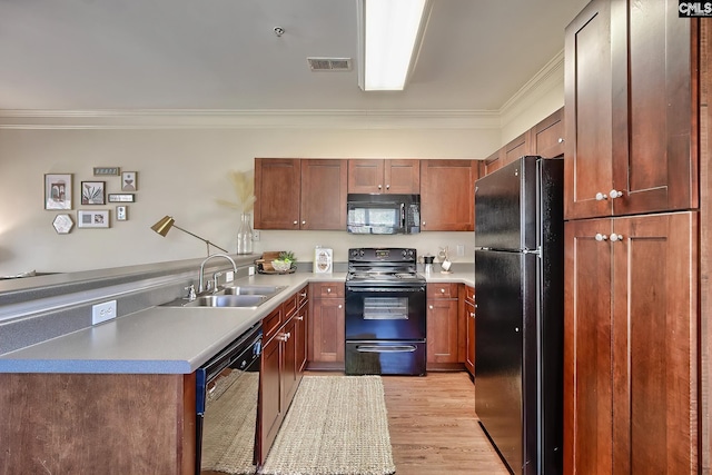 kitchen with ornamental molding, light wood-type flooring, sink, and black appliances