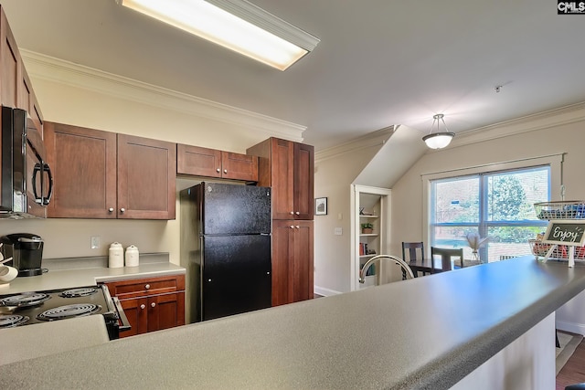 kitchen with hardwood / wood-style floors, ornamental molding, kitchen peninsula, and black appliances