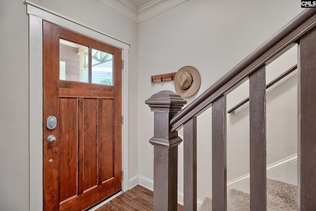 foyer with crown molding and dark wood-type flooring