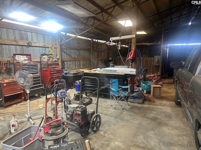 garage with a workshop area