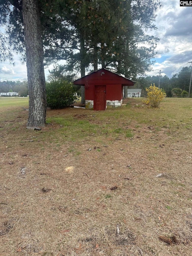 view of yard featuring a storage unit