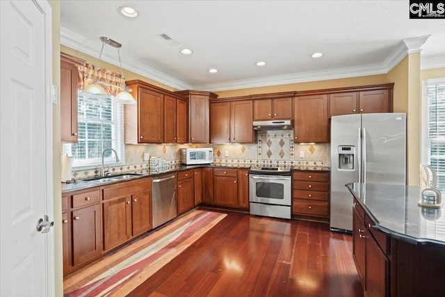 kitchen with plenty of natural light, sink, stainless steel appliances, and decorative light fixtures