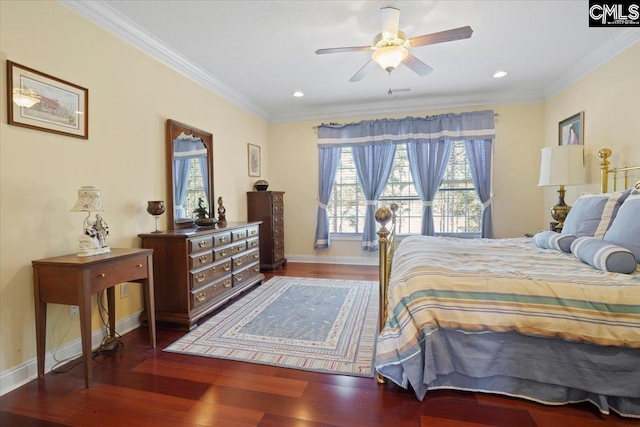 bedroom with ceiling fan, dark hardwood / wood-style flooring, and crown molding