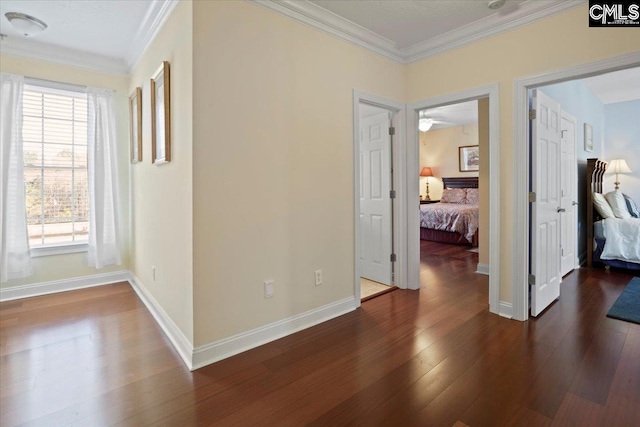 interior space featuring ornamental molding and dark wood-type flooring