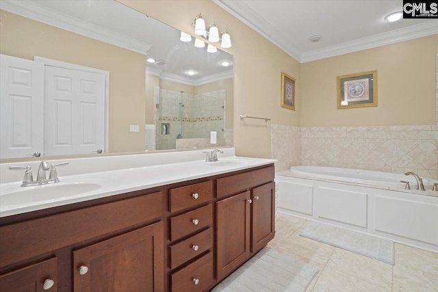 bathroom with crown molding, separate shower and tub, large vanity, tile flooring, and dual sinks