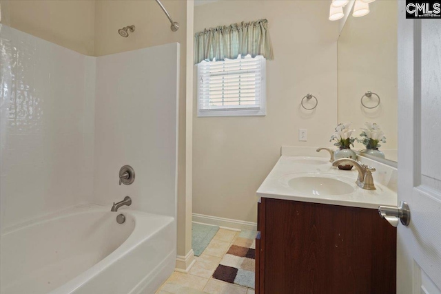 bathroom with dual sinks, shower / bath combination, tile floors, and large vanity