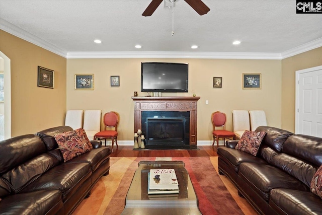 living room with hardwood / wood-style floors, ceiling fan, and ornamental molding