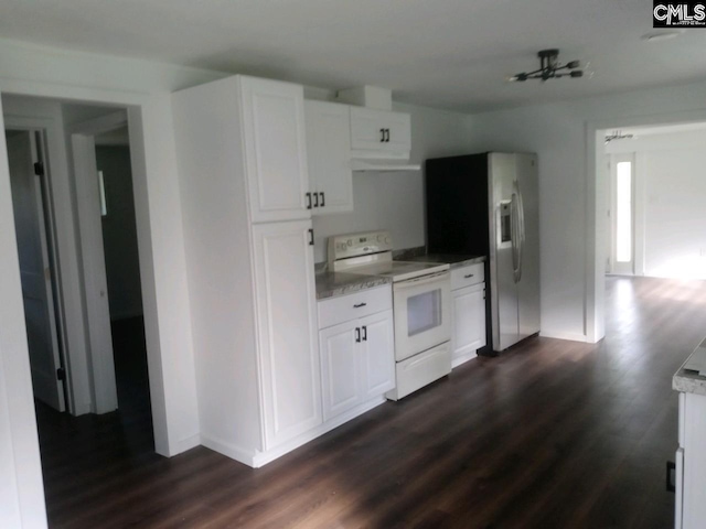 kitchen with white cabinets, dark hardwood / wood-style flooring, and white electric range