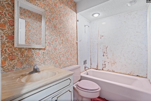 full bathroom featuring shower / washtub combination, toilet, a textured ceiling, and large vanity