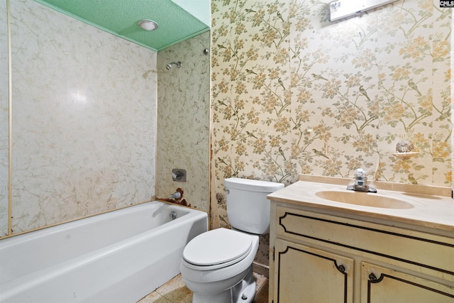 full bathroom with toilet, tile flooring, a textured ceiling, vanity, and shower / tub combination