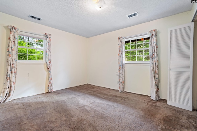 carpeted spare room featuring a wealth of natural light and a textured ceiling