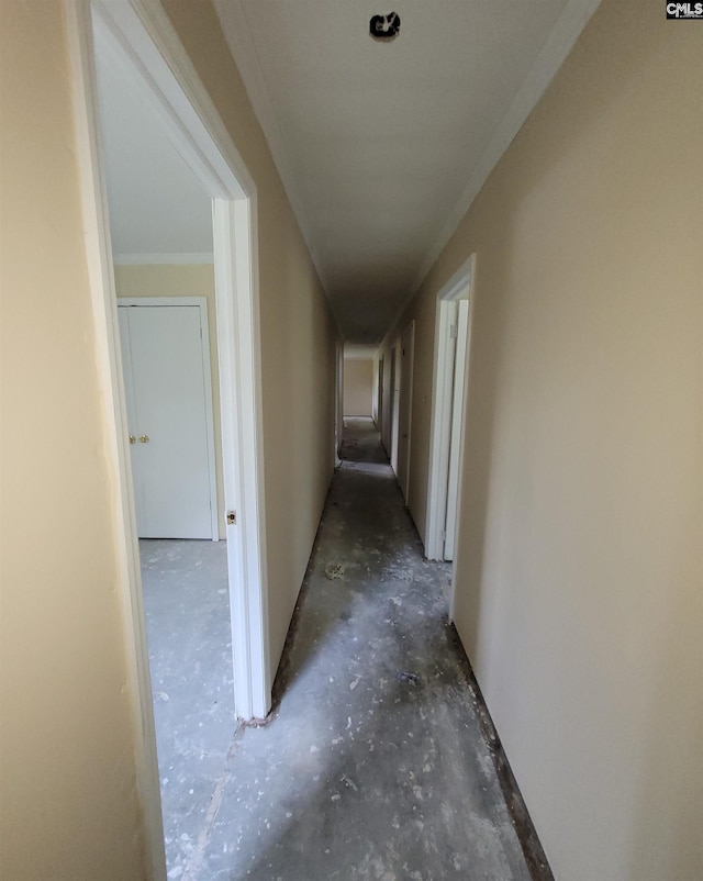 corridor featuring unfinished concrete flooring and crown molding