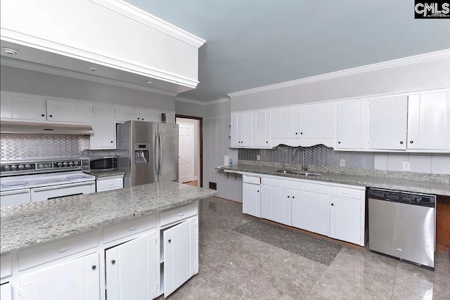 kitchen featuring crown molding, white cabinetry, appliances with stainless steel finishes, light tile floors, and sink