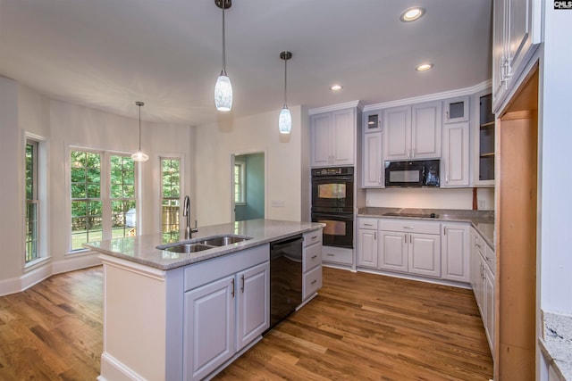 kitchen with hardwood / wood-style floors, sink, an island with sink, and black appliances