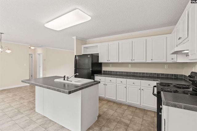 kitchen with a center island with sink, dark countertops, white cabinetry, a sink, and black appliances