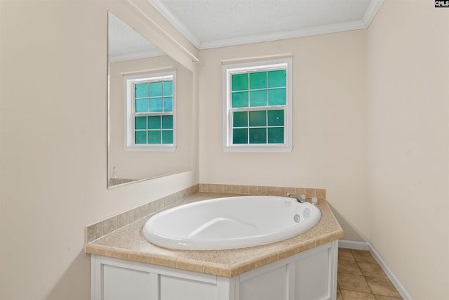 full bathroom featuring ornamental molding, a garden tub, baseboards, and tile patterned floors