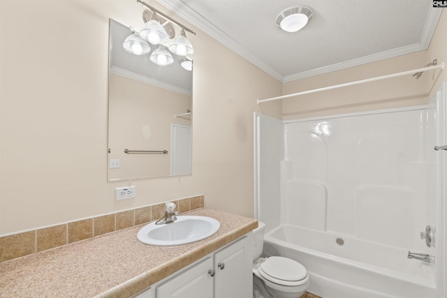 full bathroom featuring toilet, a textured ceiling, washtub / shower combination, and ornamental molding