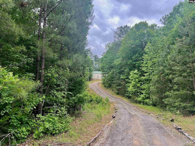 view of street featuring a forest view