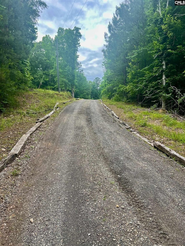 view of road with a wooded view