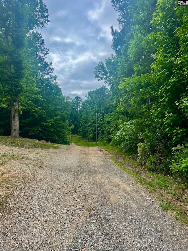 view of street featuring a forest view