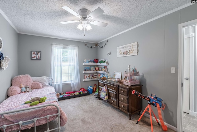 bedroom featuring ceiling fan, ornamental molding, a textured ceiling, and light carpet