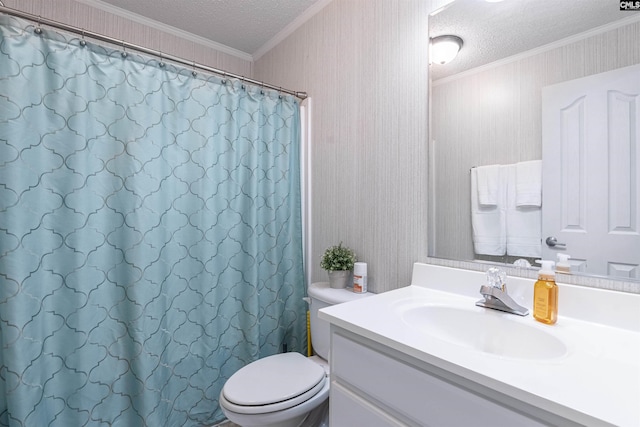 bathroom featuring a textured ceiling, vanity, crown molding, and toilet