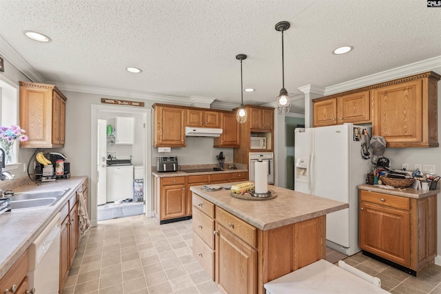 kitchen with decorative light fixtures, ornamental molding, light tile patterned floors, a kitchen island, and white appliances