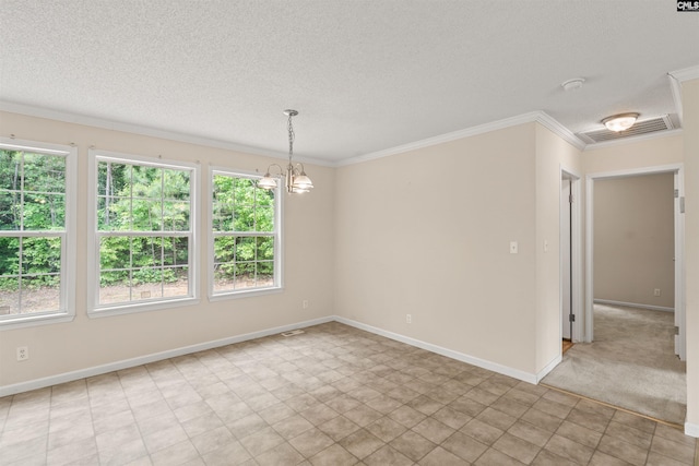 empty room featuring baseboards, visible vents, ornamental molding, a textured ceiling, and a chandelier