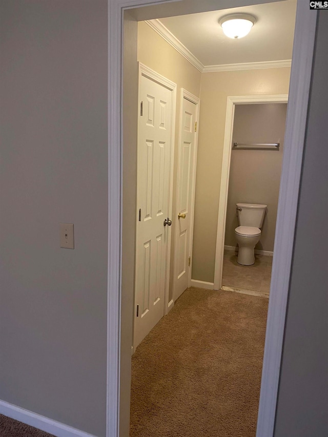 hallway with baseboards, carpet floors, and crown molding