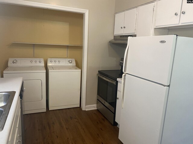 kitchen featuring stainless steel electric range oven, white fridge, dark wood-type flooring, separate washer and dryer, and white cabinetry