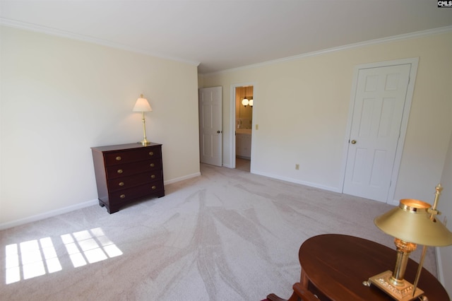 carpeted bedroom with ornamental molding