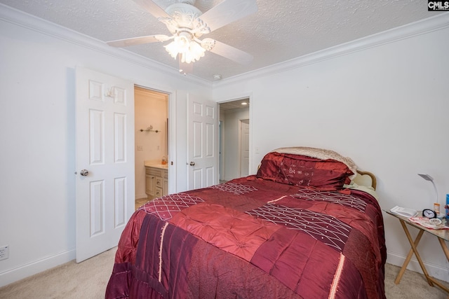 carpeted bedroom featuring crown molding, a textured ceiling, and ceiling fan