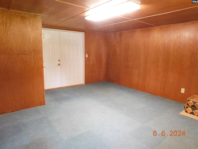 basement with carpet and wood walls