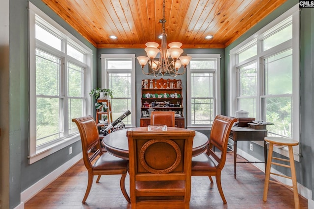 dining area featuring plenty of natural light, an inviting chandelier, wood ceiling, and light wood-style floors