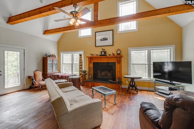 living area with plenty of natural light, a fireplace with raised hearth, and beam ceiling