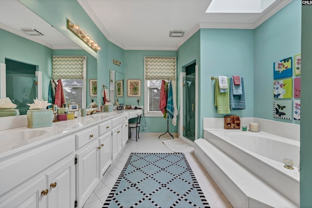 bathroom with tile flooring, double vanity, separate shower and tub, ornamental molding, and a skylight