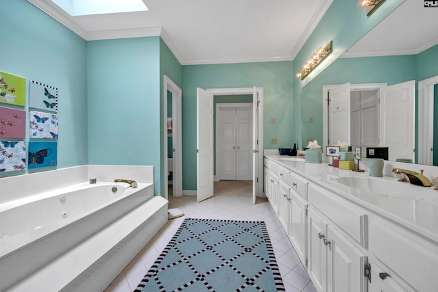 bathroom with dual sinks, vanity with extensive cabinet space, tile floors, ornamental molding, and a skylight