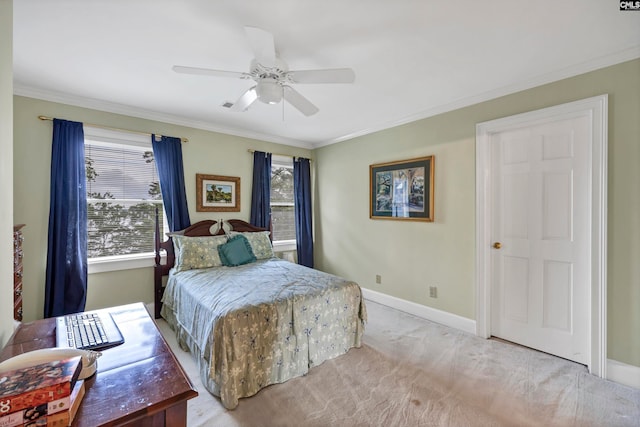 bedroom with carpet, ornamental molding, and ceiling fan