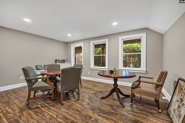 dining room featuring vaulted ceiling and dark wood-type flooring